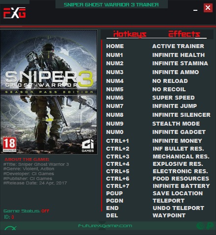 Sniper : Ghost Warrior 3 v1.01 (Steam) (64Bits) Trainer +19